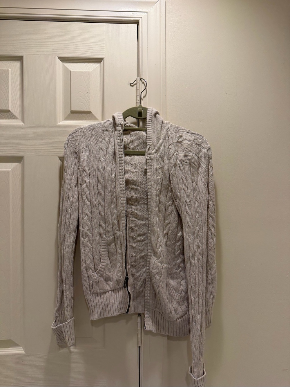 Light Gray Cable Knit Zip Hoodie Sweater